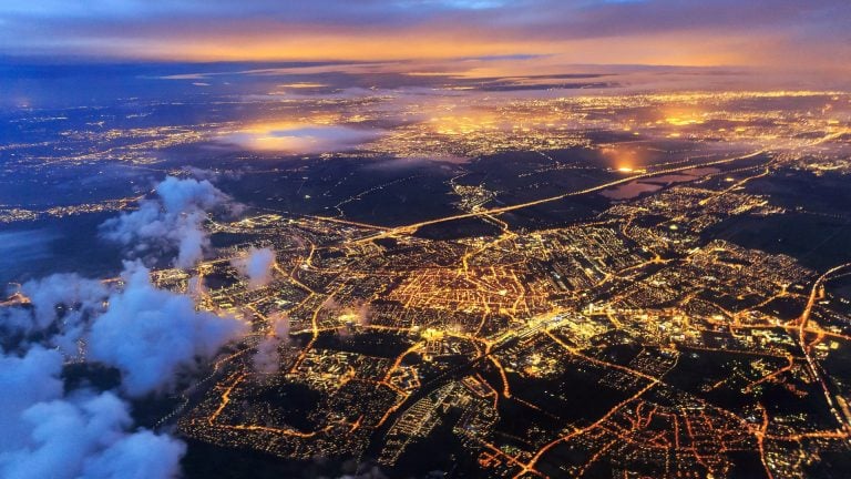 An aerial view of the city at night
