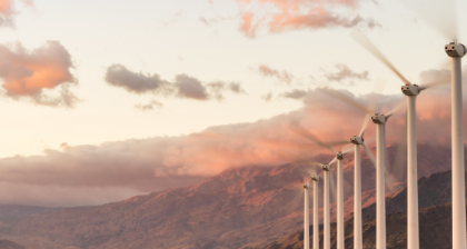 Windmills on the background of mountains