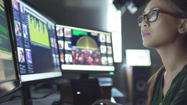Woman analyzing data