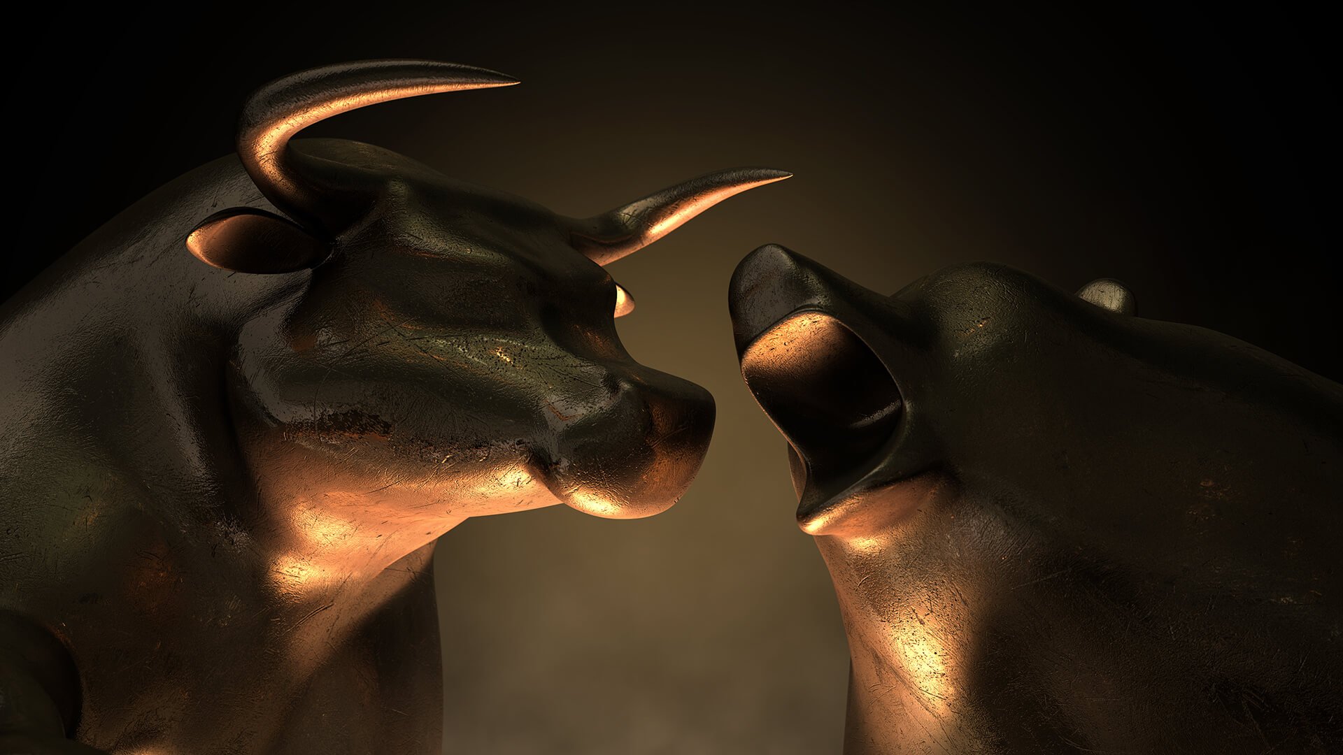 Brass sculptures of a bull and a roaring bear