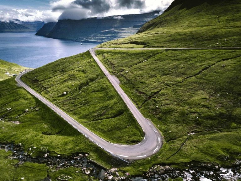 High view of the winding roads at the faroe islands
