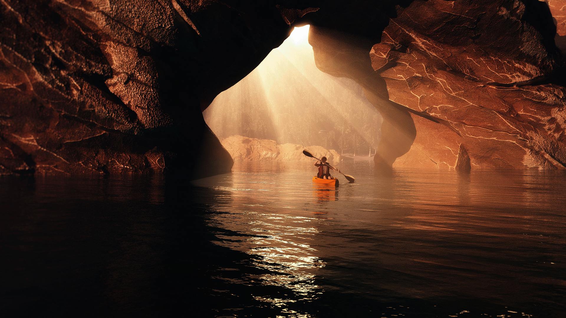 Man rowing in a cave filled with water