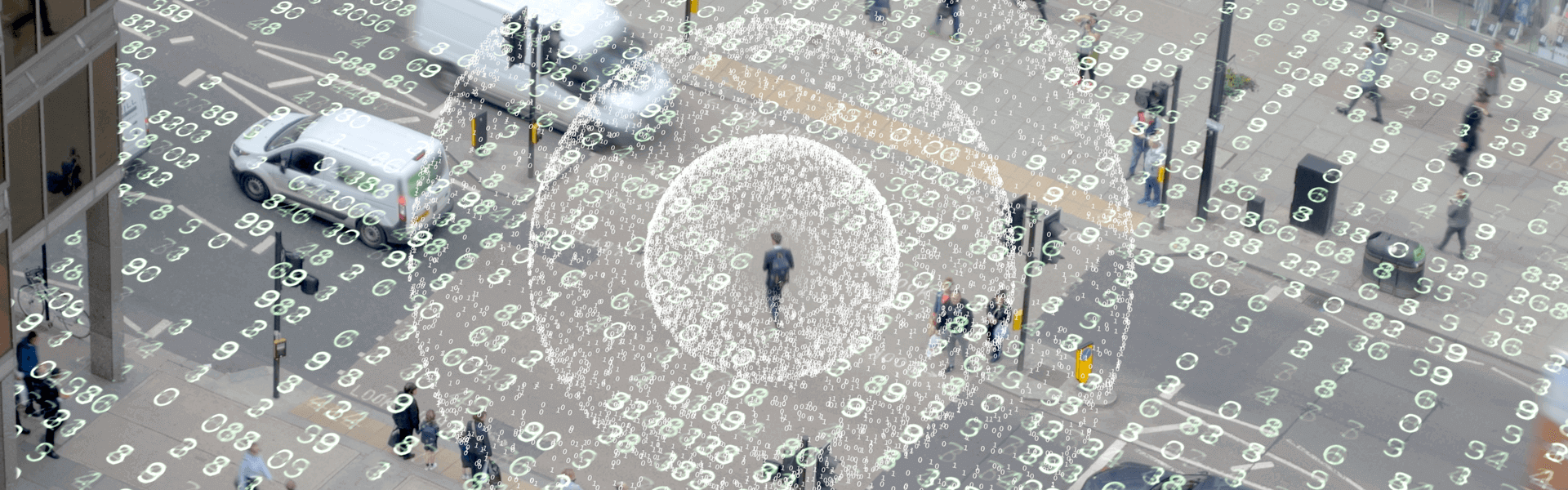 Person on the street in digital word