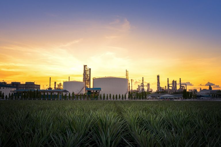 View of the factory at sunrise