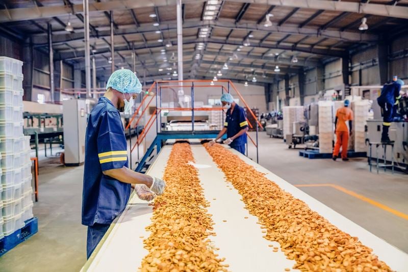 Man working in the factory at the tape with food