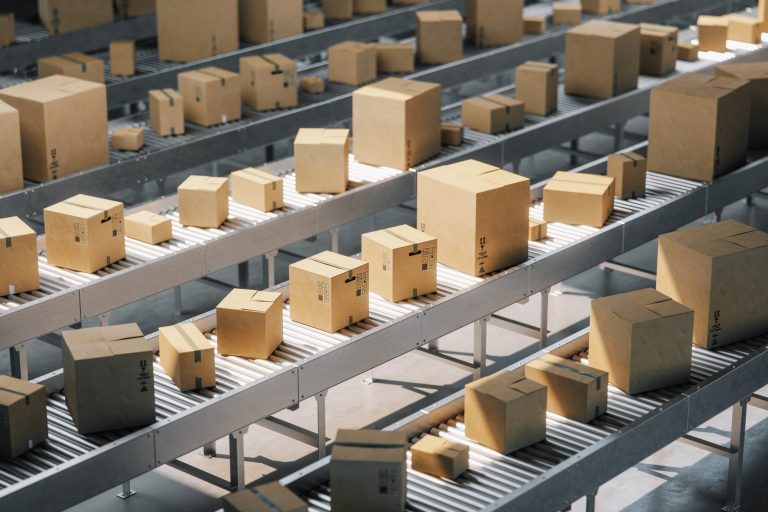 cardboard boxes on the production line