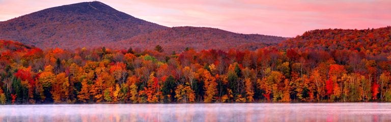 Autumn trees across a misty lake with a hill in background