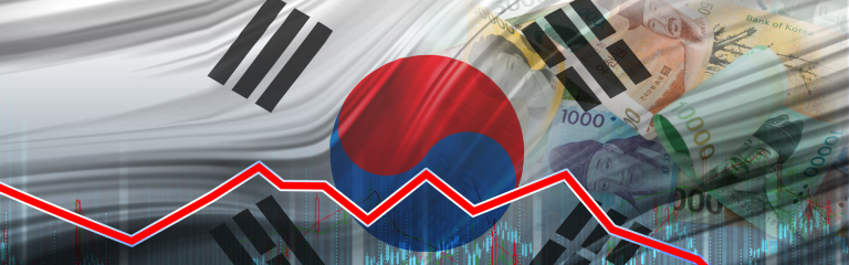 South Korean flag with money and a red trend line down