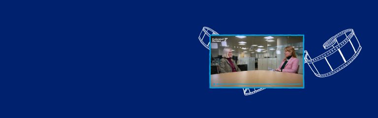 Banner image with video graphic and image of an interview between Debbie Cunningham and Tara Dougherty