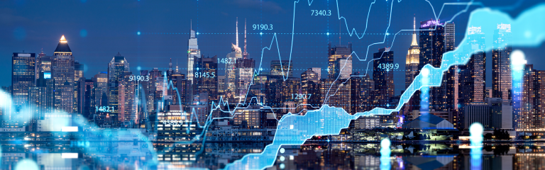 Stock market forex diagrams, financial chart with lines and numbers, New York skyline with skyscrapers at night.