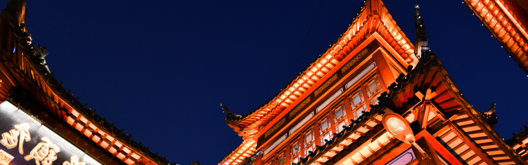 Illuminated rooftops of Yuyuan Old Street against the night sky