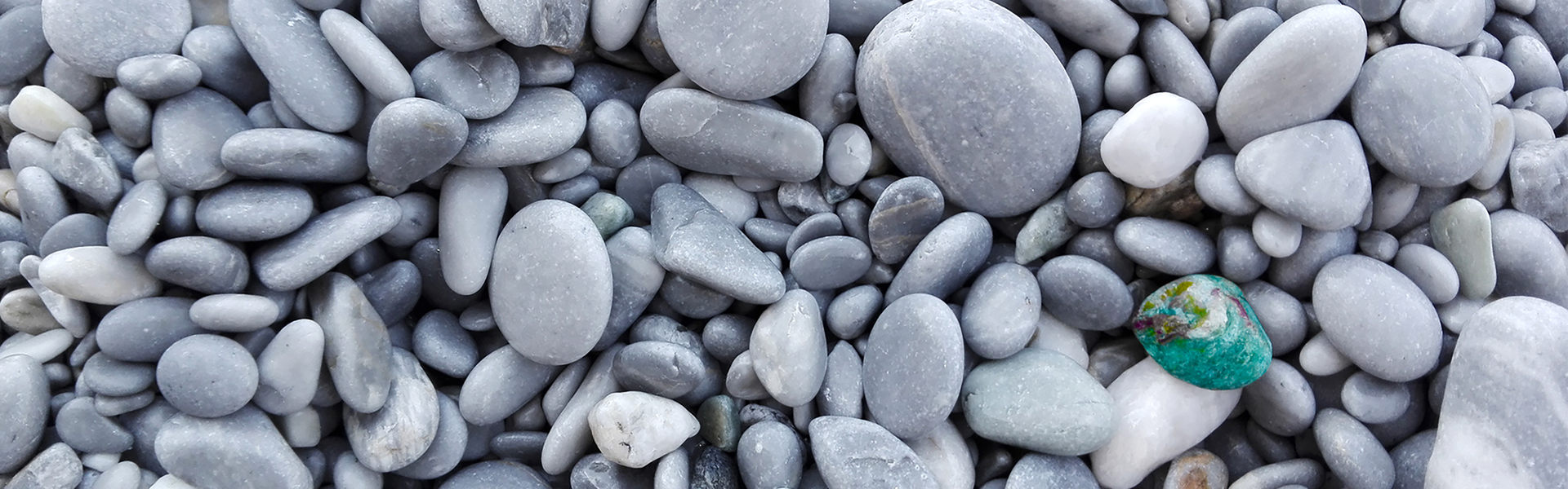 small, teal-coloured pebble nestled among an assortment of different sized grey pebbles