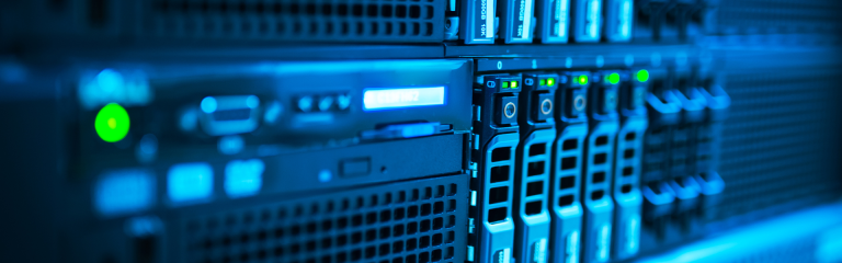 a close-up view of a server rack, which houses multiple computer servers typically found in a data center