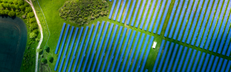 aerial view looking down on solar panels in field banner image