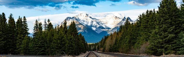 Railway tracks head towards snow-capped mountain peaks, with pine trees lining the route on both sides.